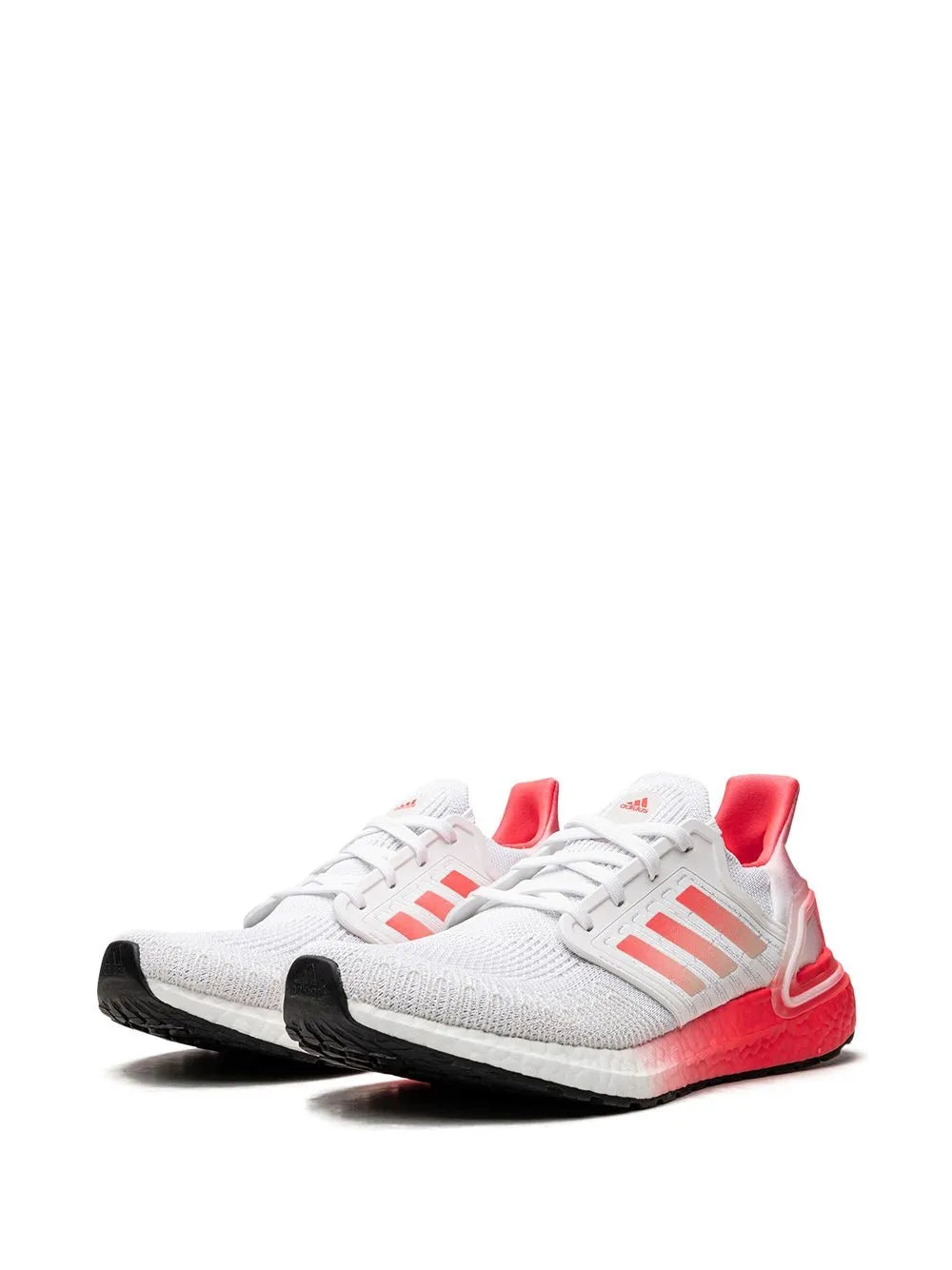 White low-top running sneaker with red heel, 3-stripe side, and black toe bumper