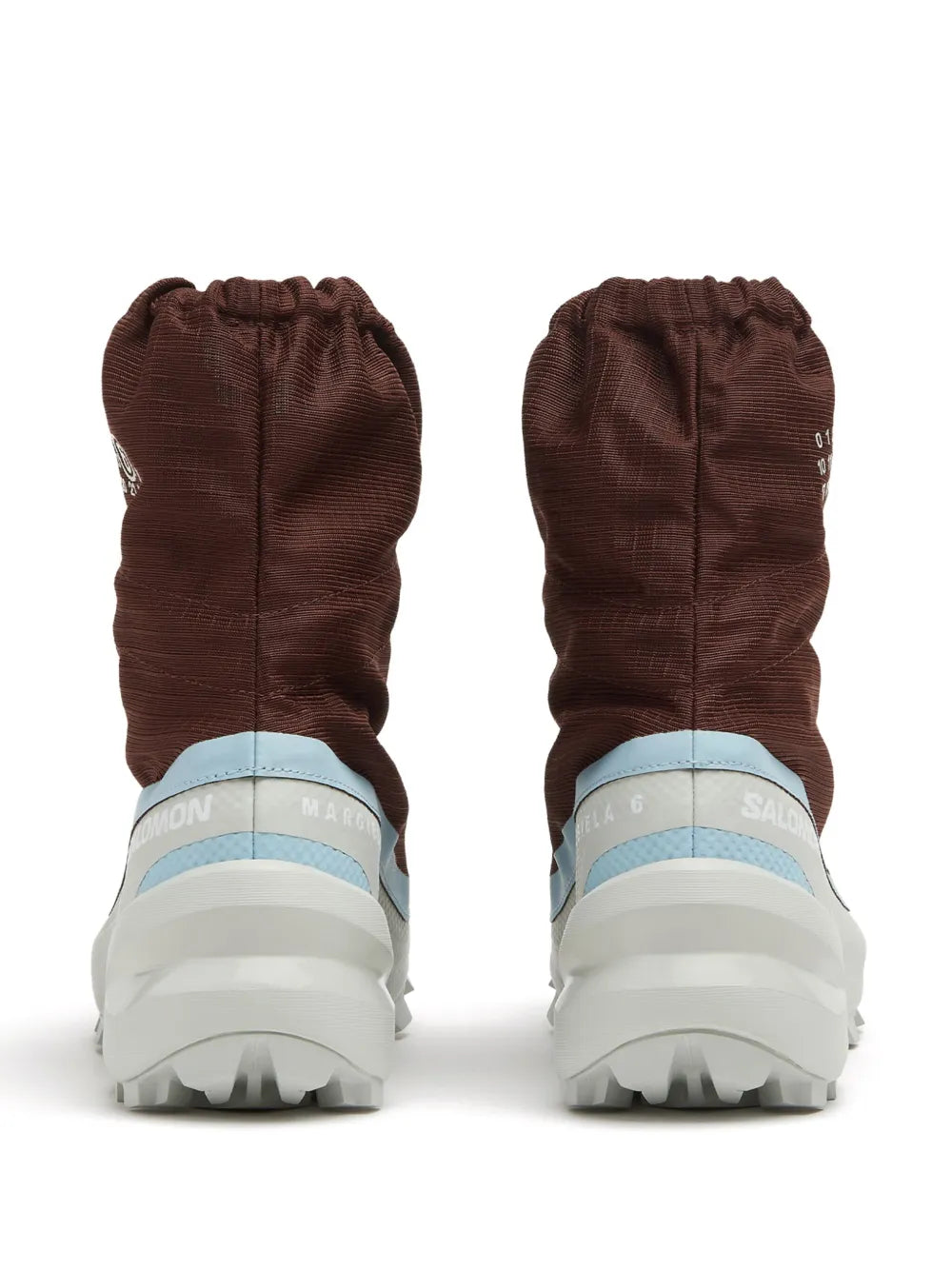 Pair of brown mid-top sneakers with light blue bands and white rugged outsoles