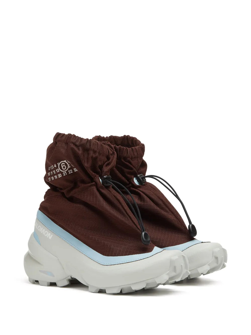 Brown sock-style mid-top sneakers with drawstring closure, light blue side panel, white tread sole