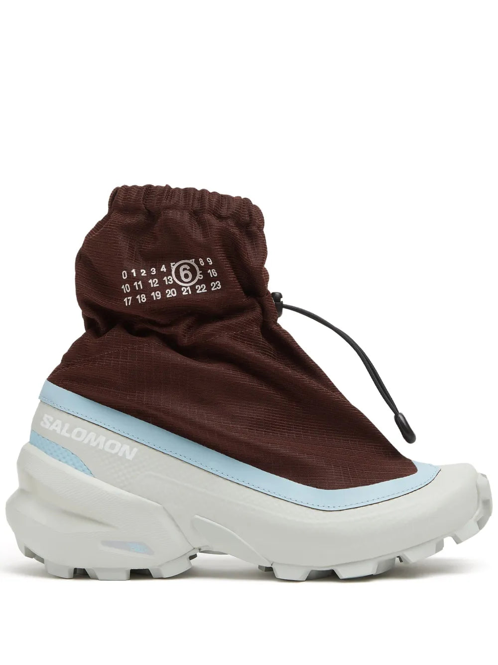 Brown mid-top sneakers with drawstring sock collar, light blue trim, white lug sole