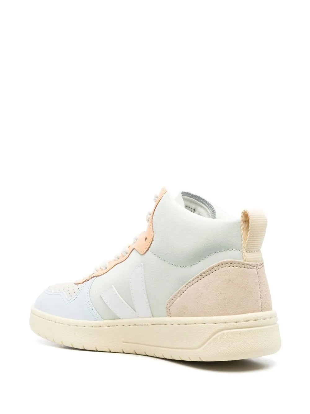 Light blue and white high-top sneakers with beige heel panel and lace-up closure