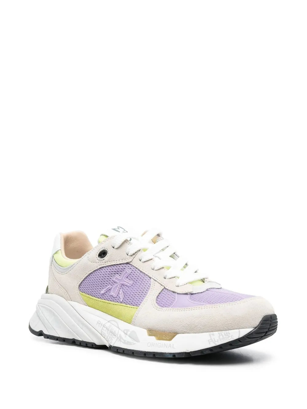 Chunky lace-up sneakers in beige with purple panels and neon green accents