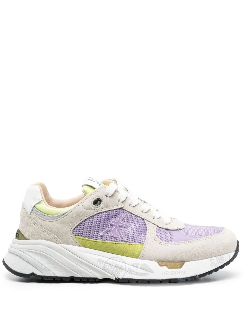 Beige, lavender and neon green chunky color-block sneakers with lace-up