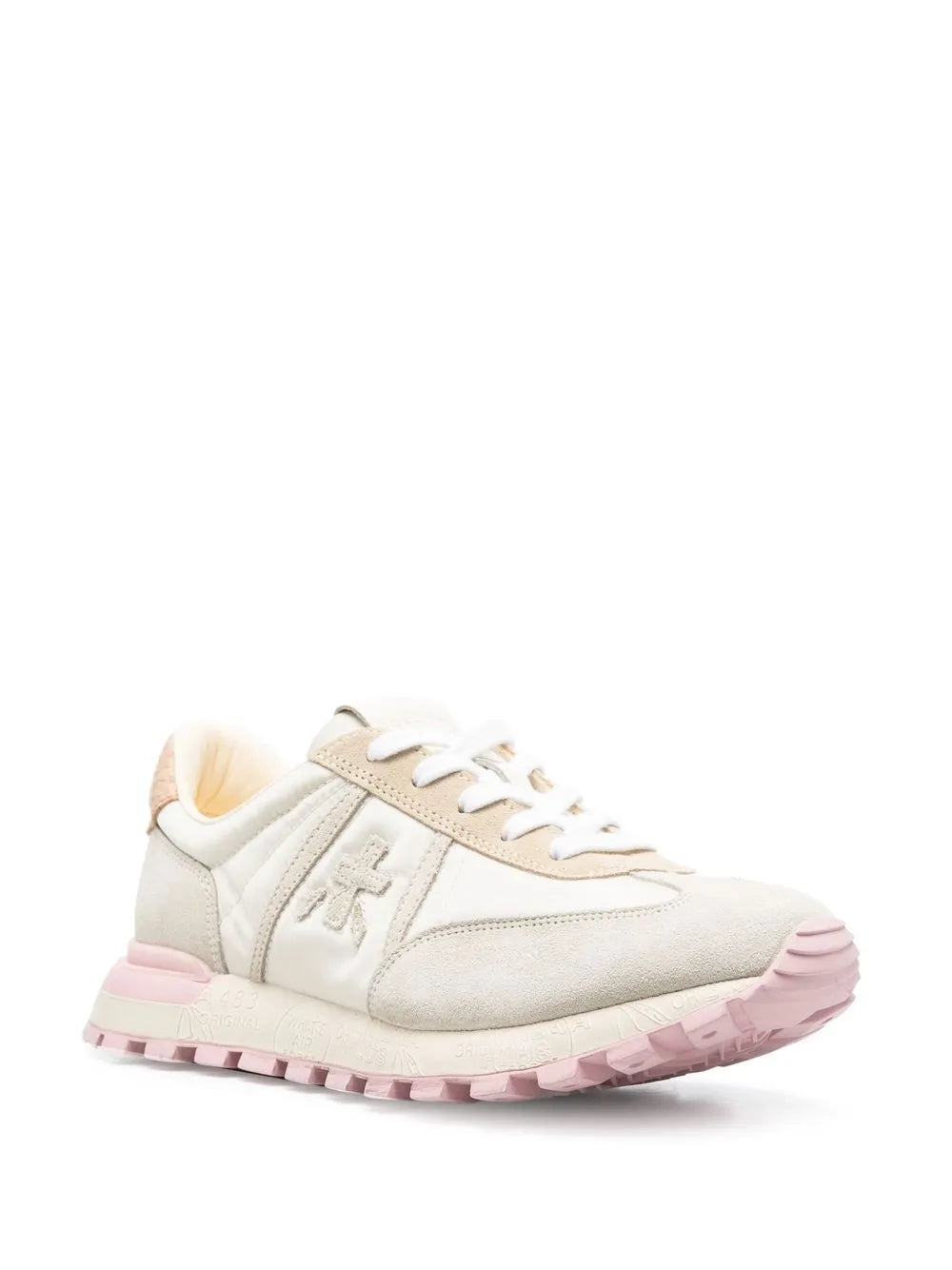 Premiata white low-top lace-up sneakers, side view with pink outsole
