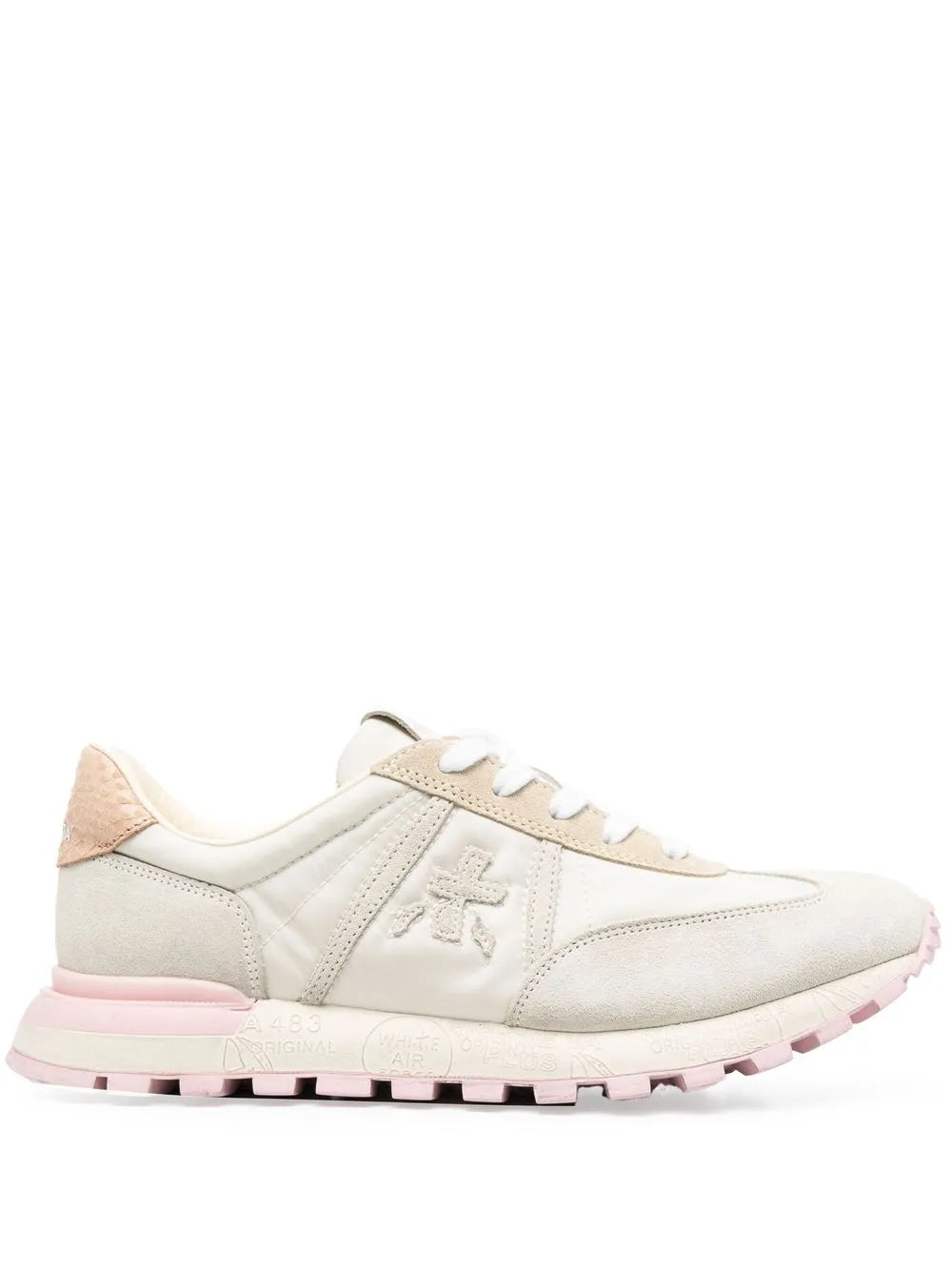 Premiata white low-top lace-up sneakers with pink outsole and side logo