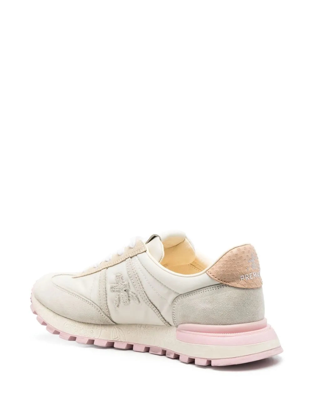 Premiata white low-top sneakers with pink heel trim and thick rubber outsole