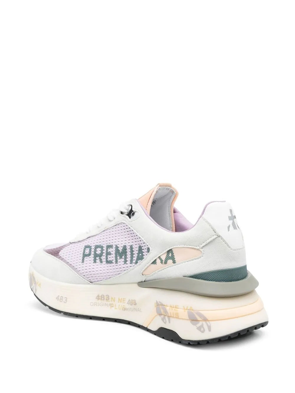 Lace-up sneakers with white and lavender panels, PREMIATA heel logo, and cushioned sole