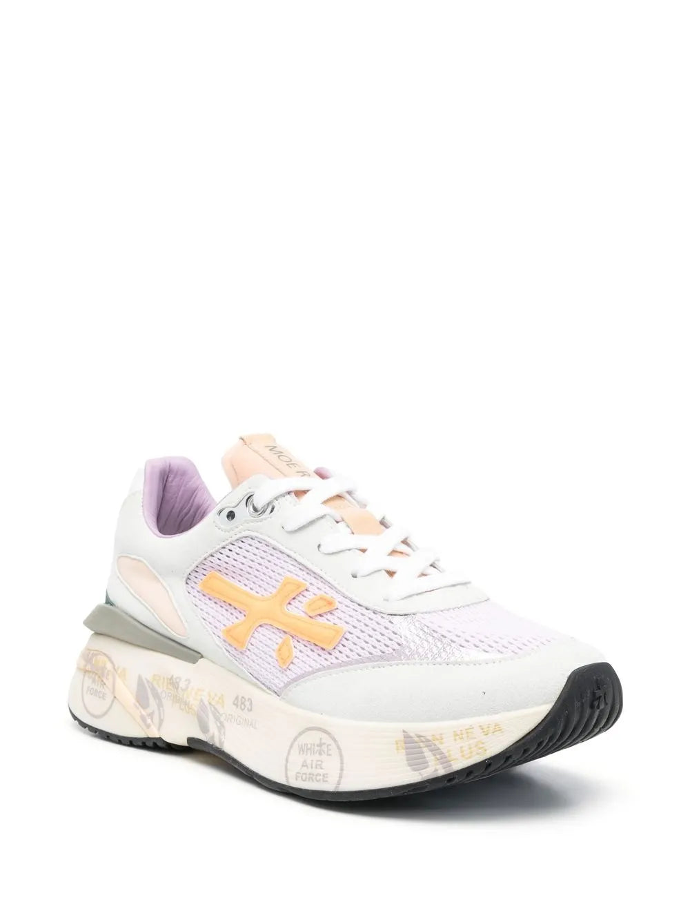 Lace-up sneakers angled view with lavender upper, orange cross logo, and black tread sole