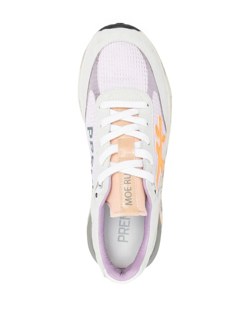 Lace-up sneaker with white laces, purple interior lining, and lavender mesh side panel