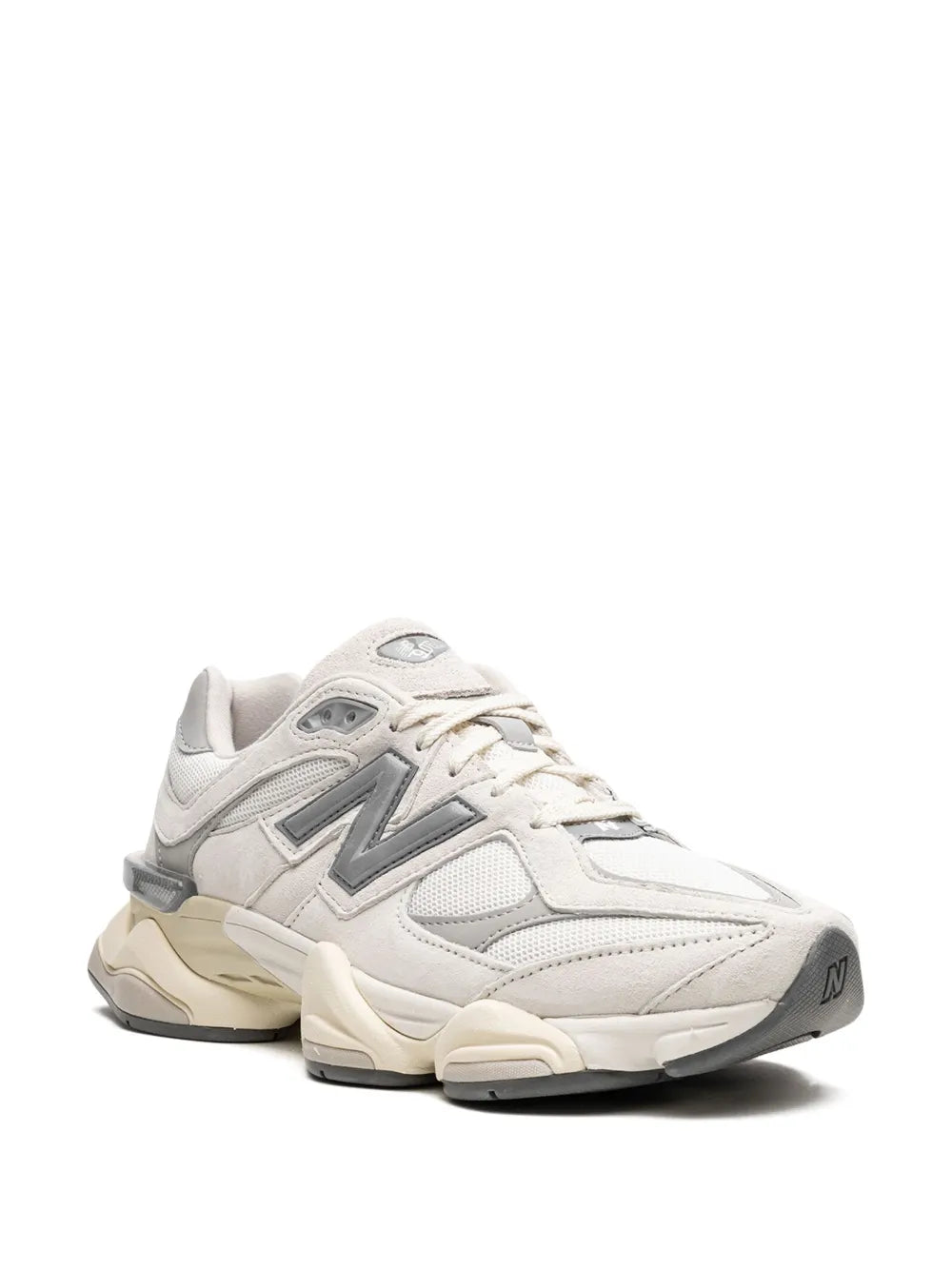 New Balance 9060 sneakers, light grey leather/mesh with silver logo, lace-up