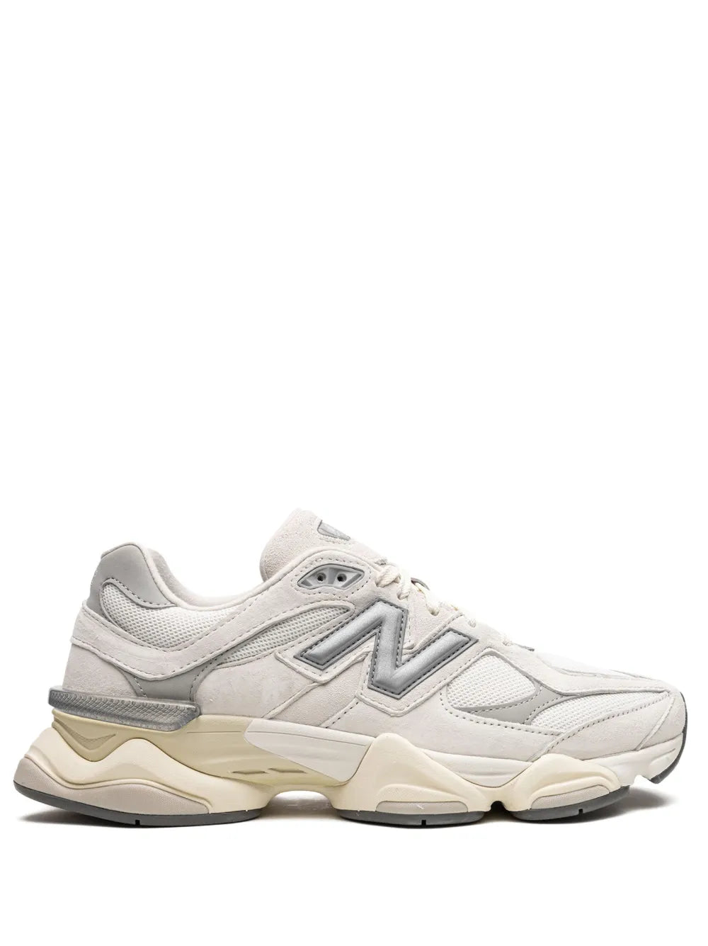 New Balance 9060 sneakers, light grey mesh with silver N and beige layered sole