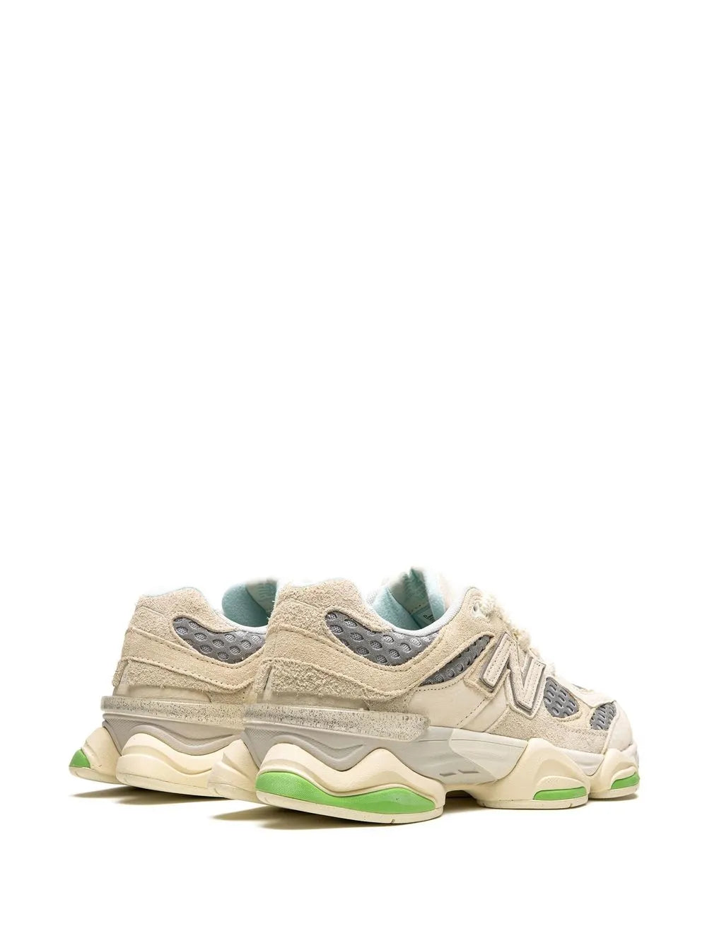 New Balance 90/60 low-top sneakers, rear three-quarter view with green accent sole