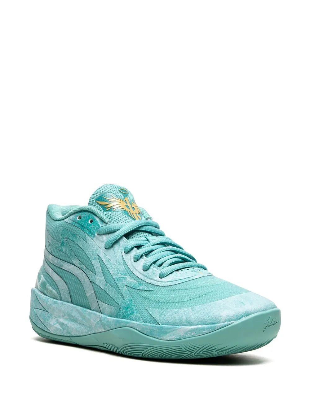 PUMA basketball shoe in teal with embroidered patterns and gold accent on tongue