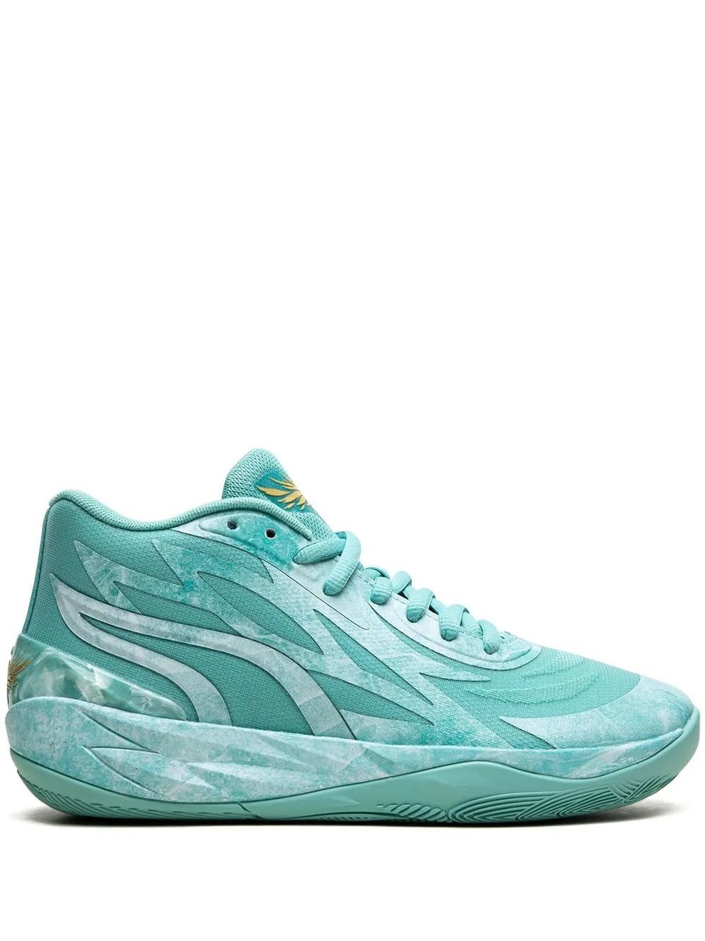 PUMA basketball shoe in teal with lace-up front and side logo details
