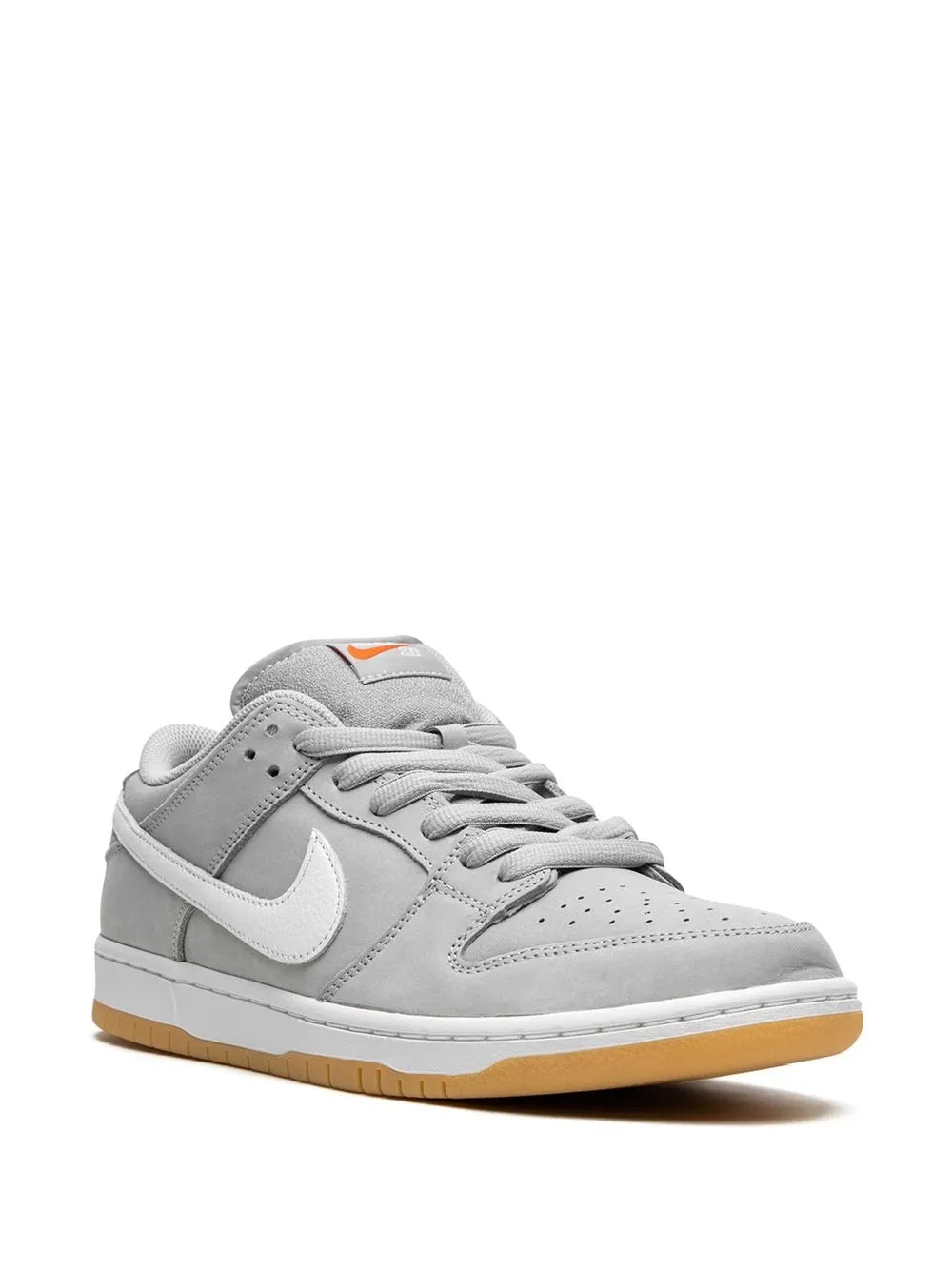 Nike SB Dunk Low Pro ISO low-top sneakers, light gray leather, gum rubber sole.
