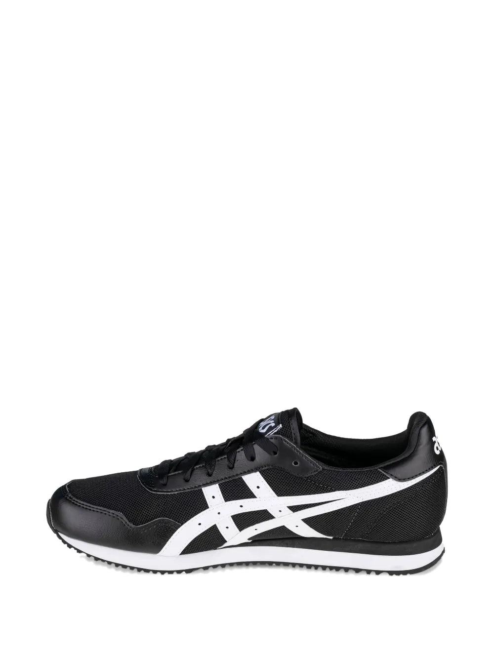 Black lace-up runner sneakers with white logo stripe and contrasting midsole