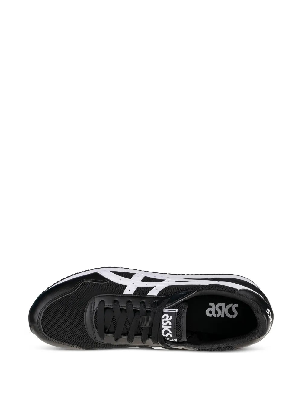 Black runner sneakers with Asics logo on tongue and white cross stripe