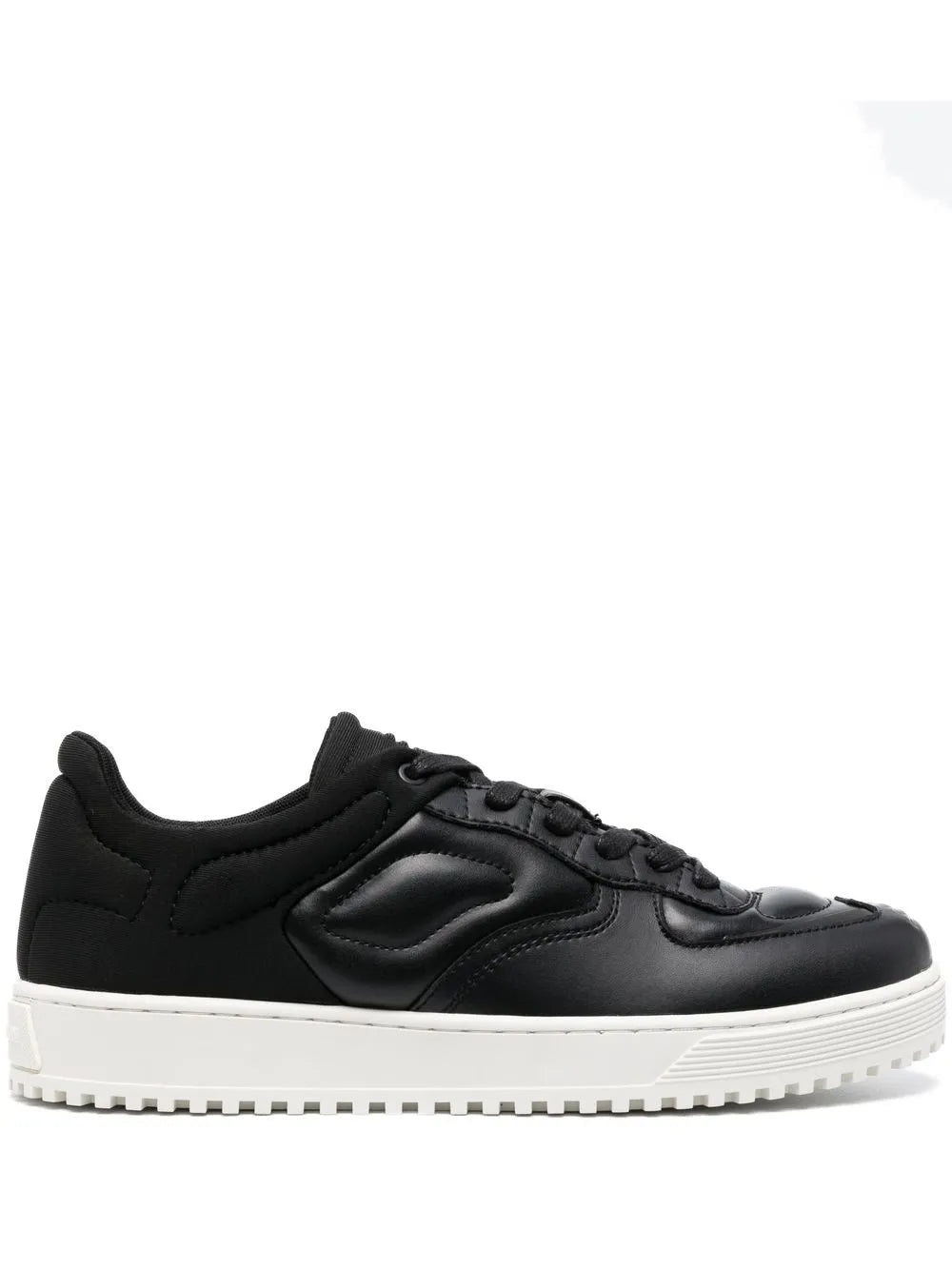 Black quilted lace-up sneakers with white rubber sole and embossed panels