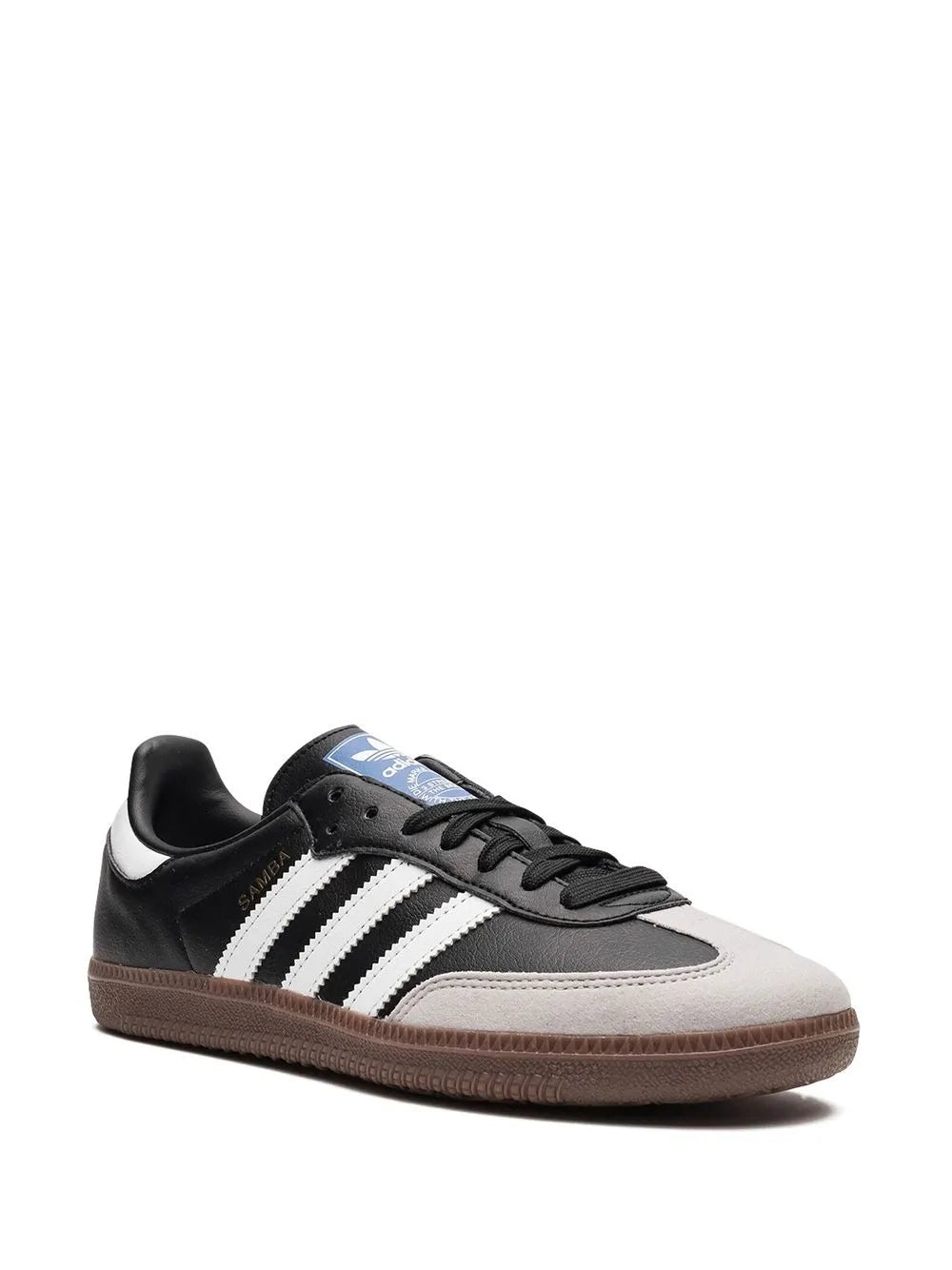adidas Samba vegan low-top sneakers, black and white with brown sole, side view