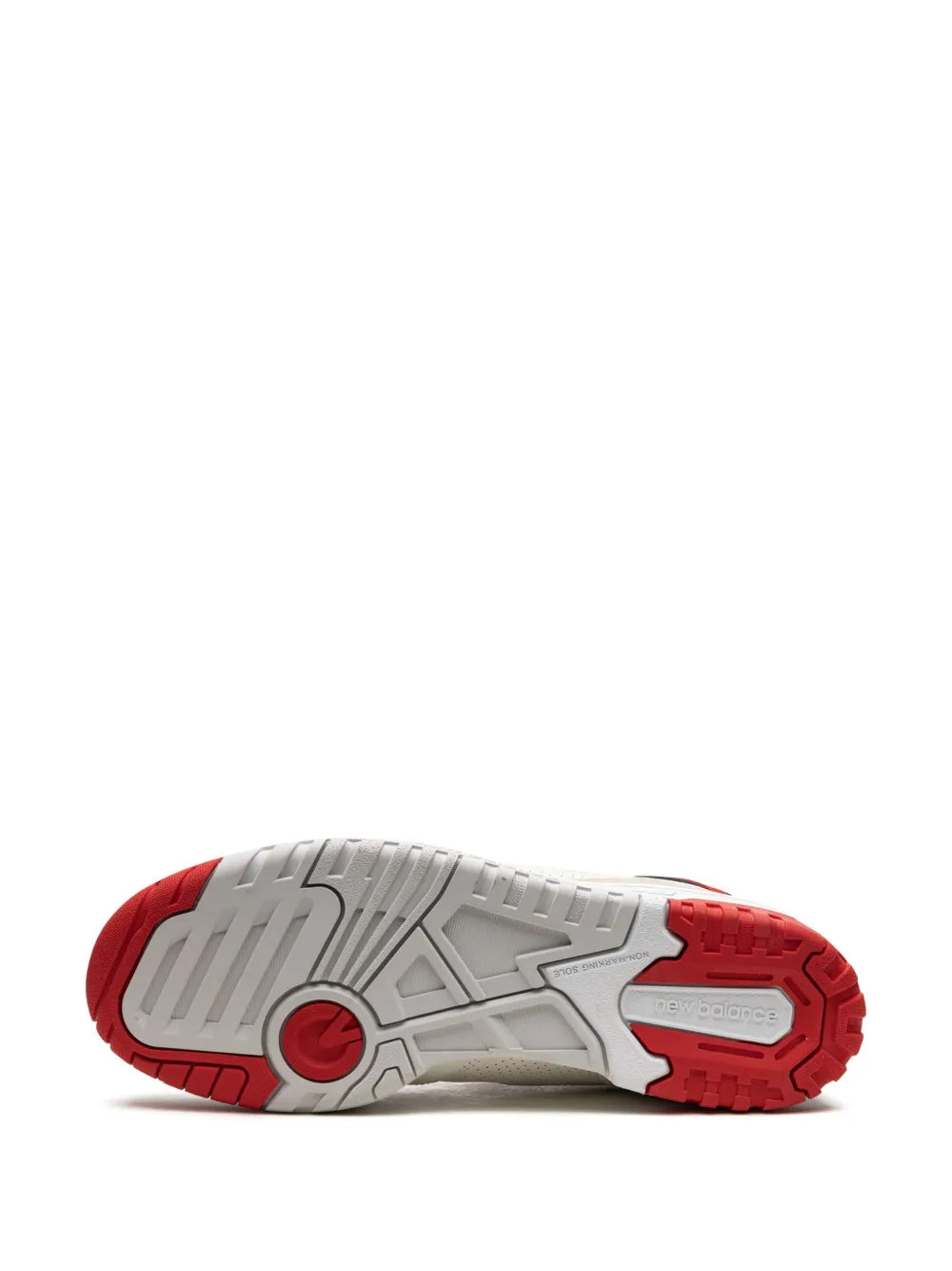 Sneaker outsole with red tread and gray rubber traction pattern