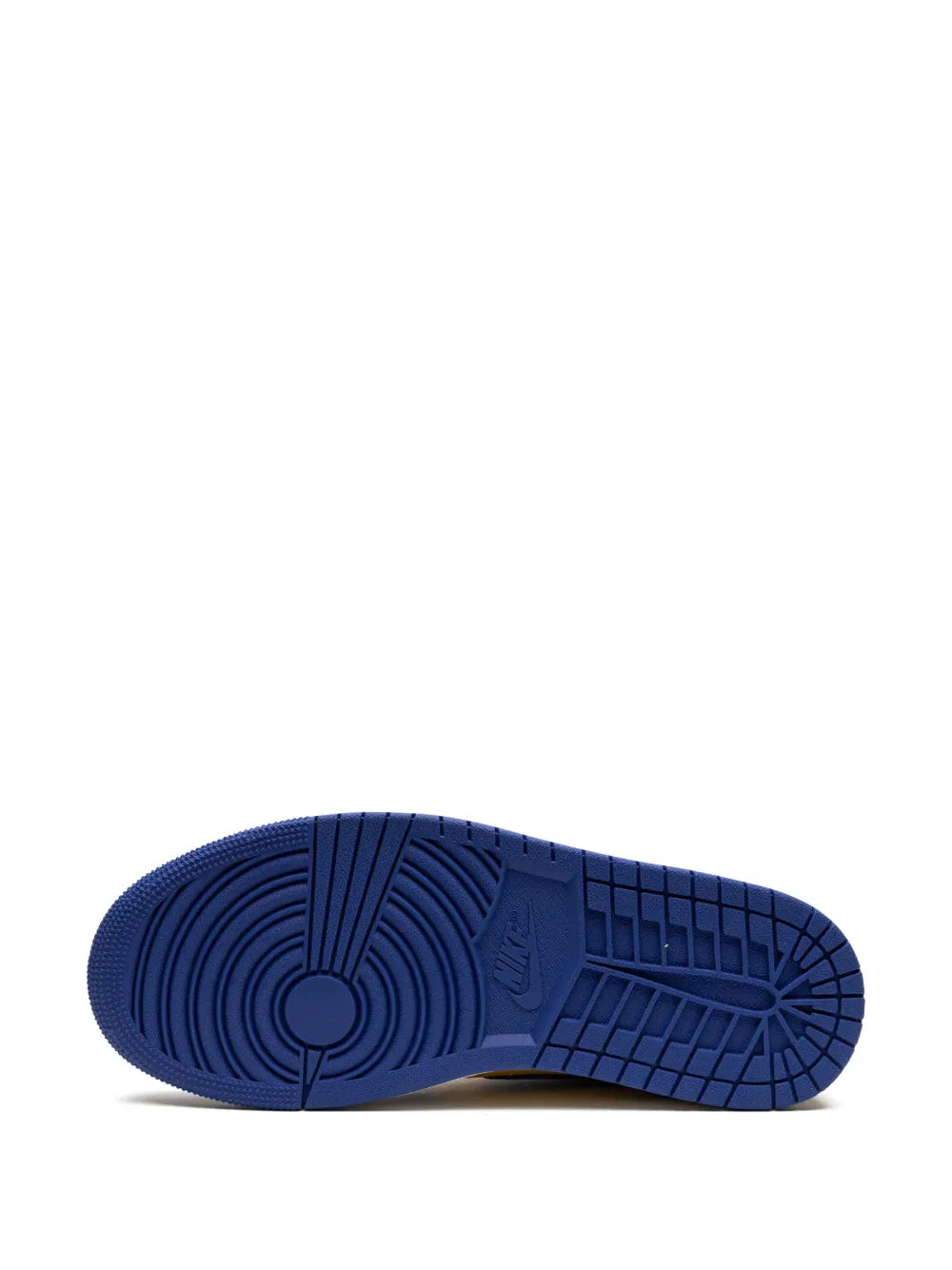 Blue rubber outsole with tread pattern and circular logo on high-top sneaker