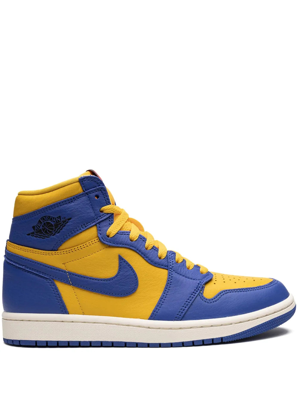 Blue and yellow high-top sneakers with swoosh, lace-up, and padded collar