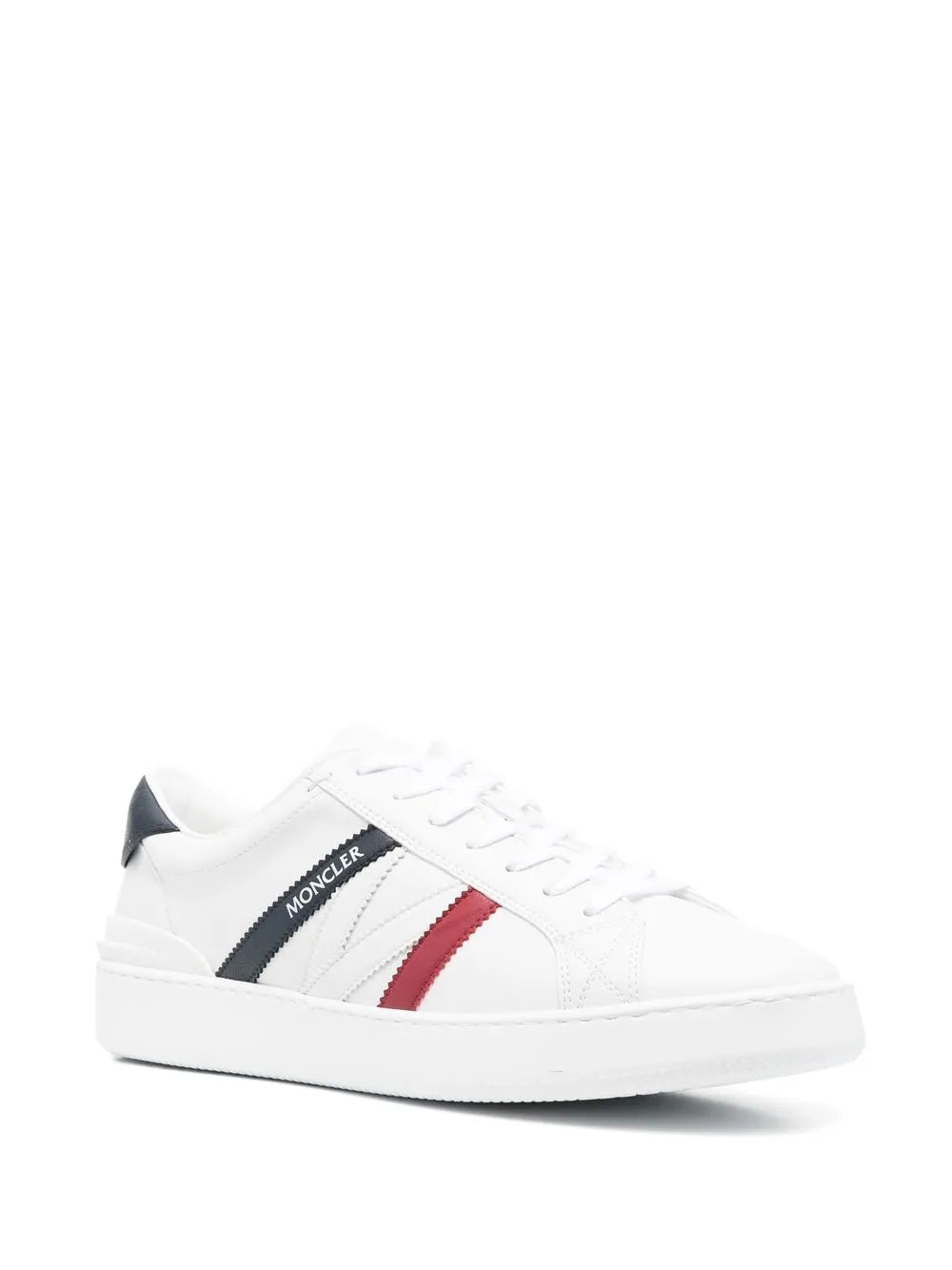 Moncler white faux-leather sneakers, side view with black panel and red stripe