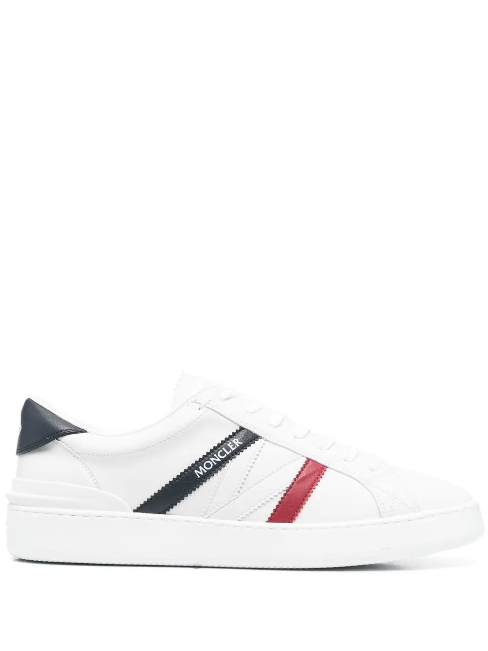 Moncler white faux-leather sneakers with black side stripe and red accent