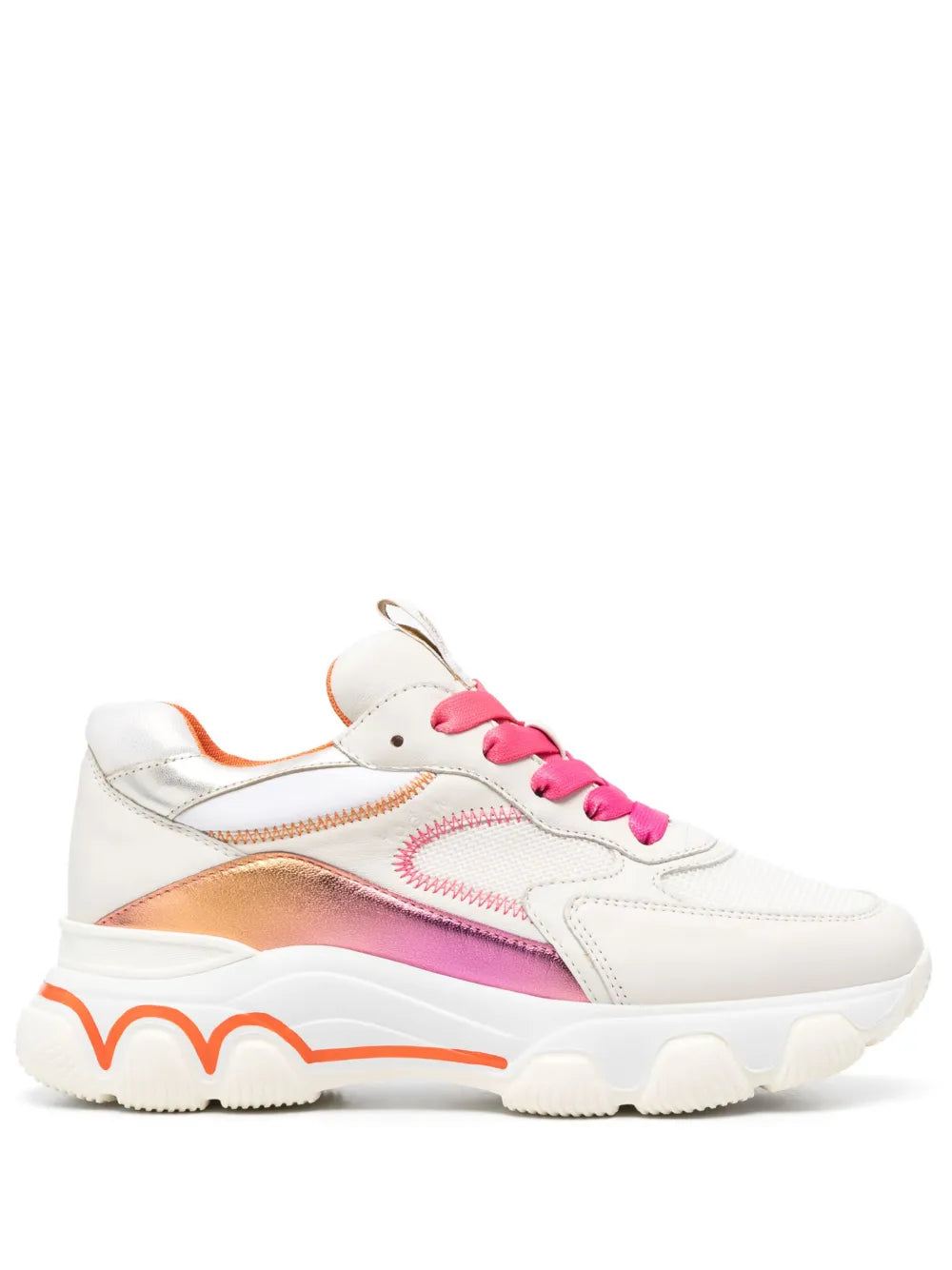 Low-top leather sneaker with white upper, hot pink laces, orange accents, chunky sole