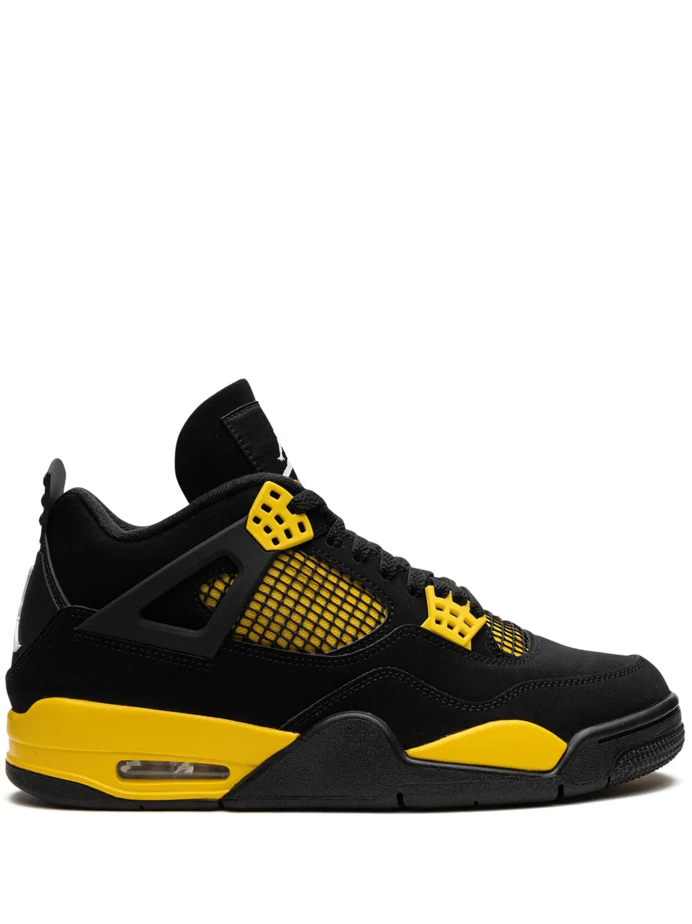 Black and yellow retro basketball sneakers with mesh panels, logo details, and air sole