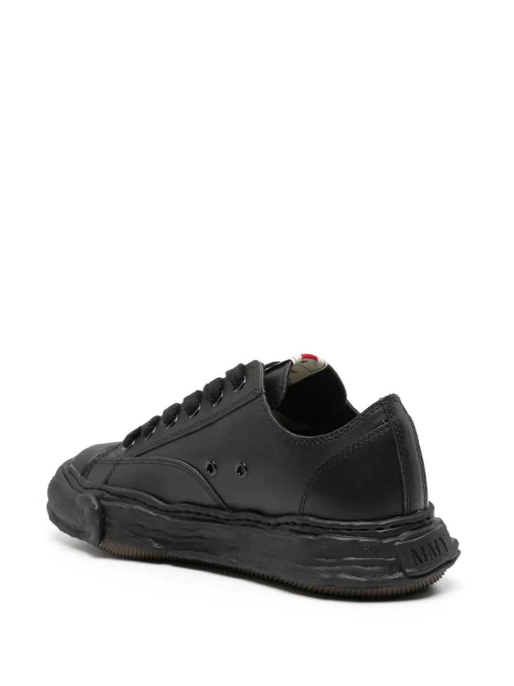 Black leather lace-up sneaker, heel and side view with chunky rubber sole
