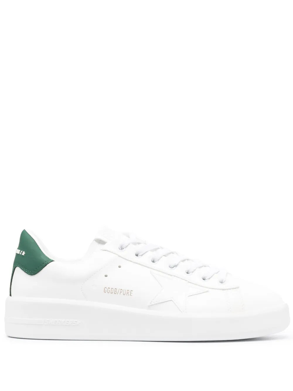 Golden Goose Purestar low-top sneakers, white with dark green heel tab and lace-up front.