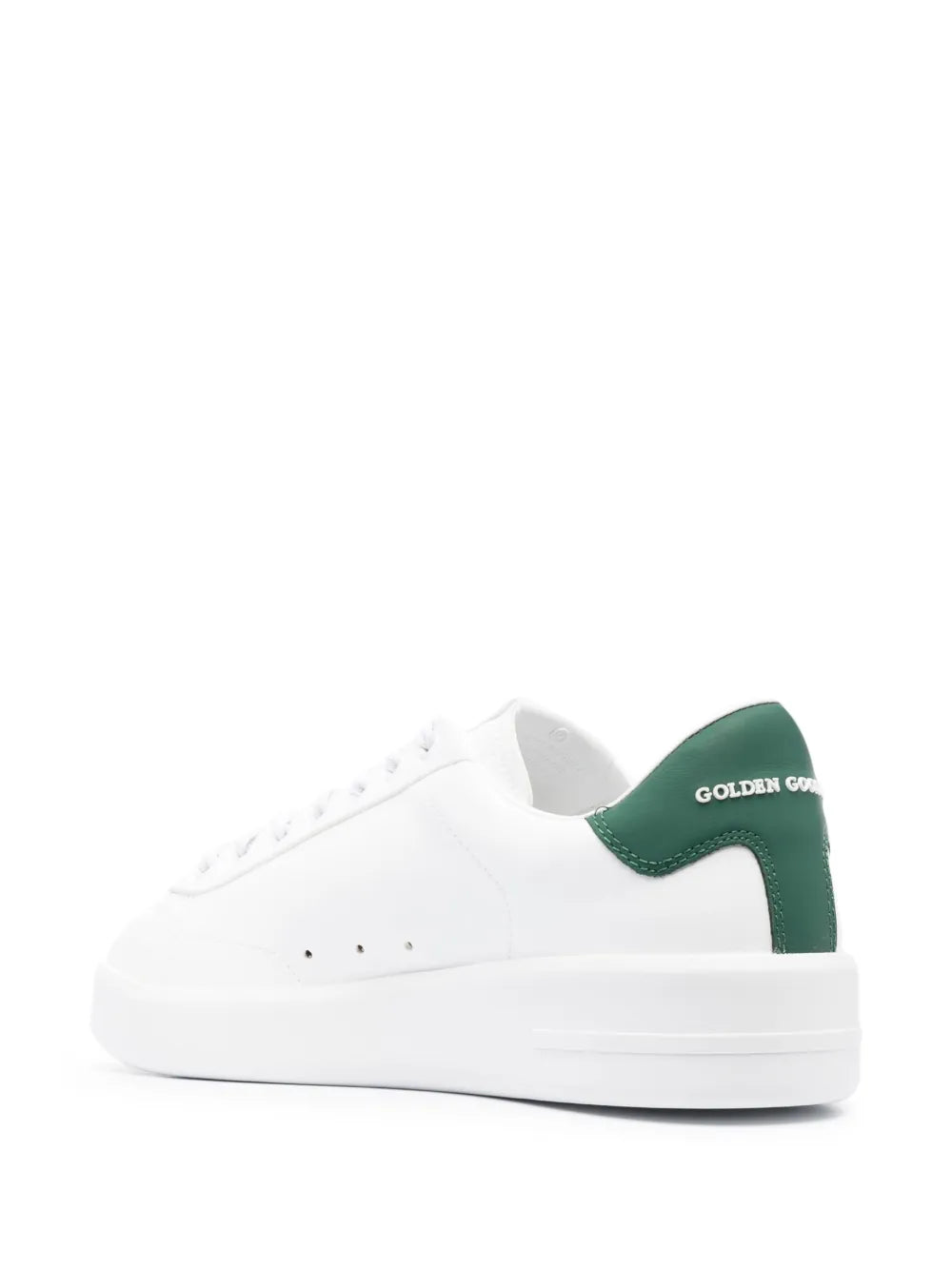 White low-top sneakers with dark green heel collar, showing Golden Goose logo at back.