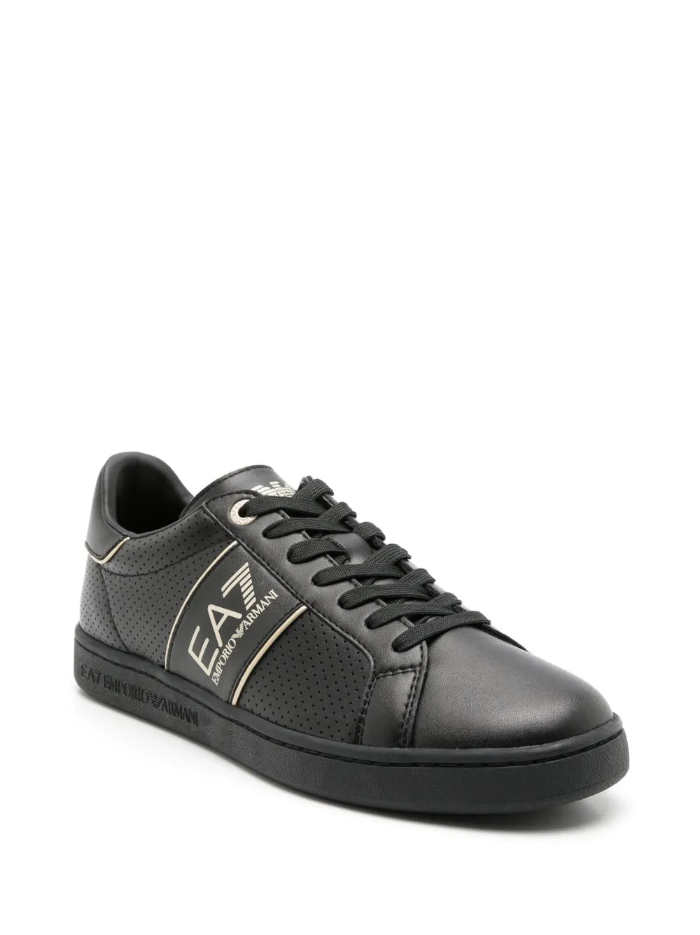Black leather low-top sneakers, lace-up with perforated panels and EA7 logo patch
