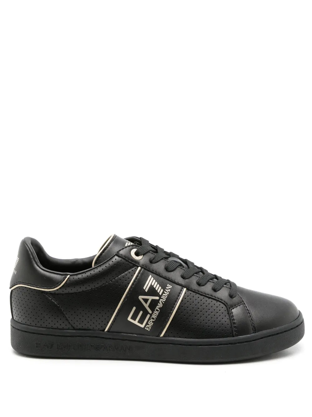 Black leather low-top sneakers with lace-up front and EA7 logo side detail