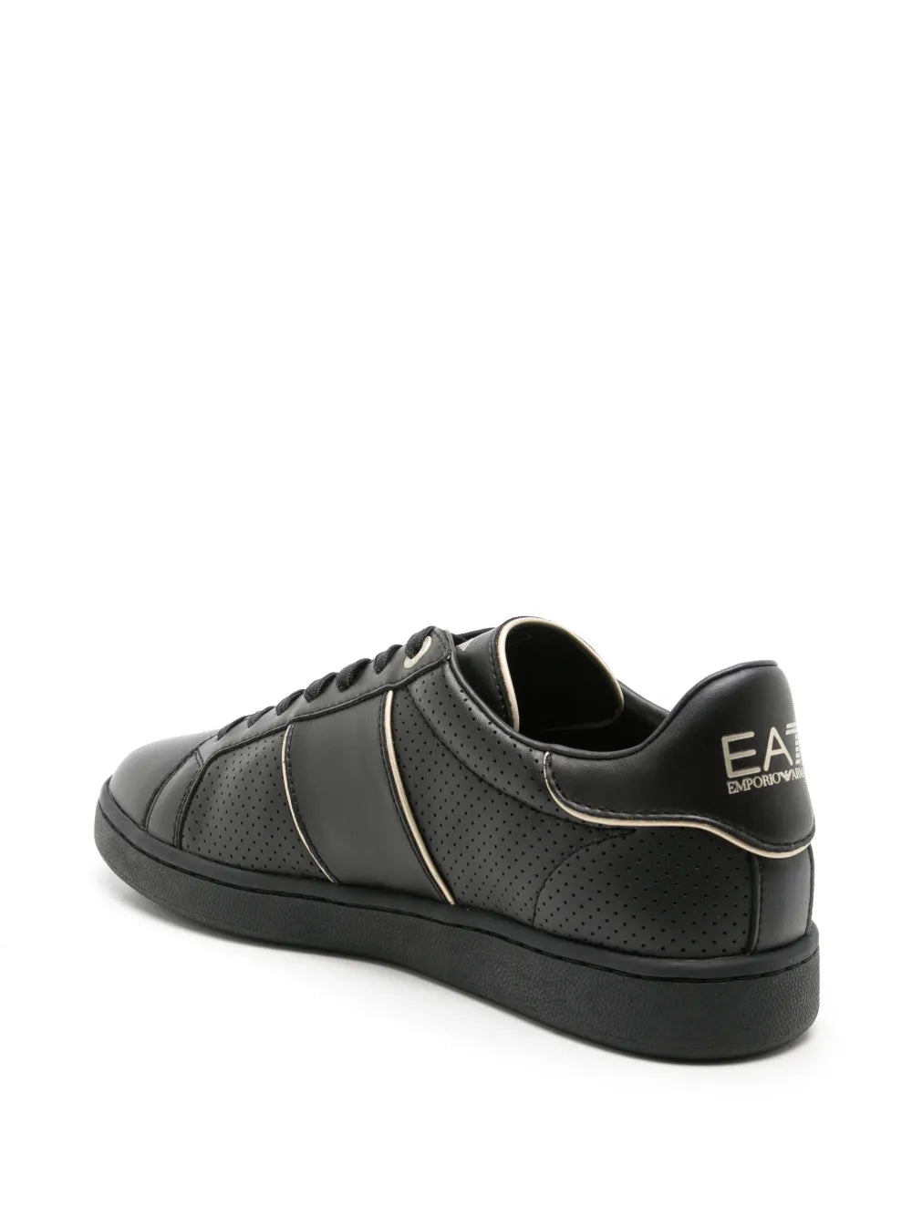 Black leather low-top sneakers with striped trim, perforated uppers, and EA7 heel logo