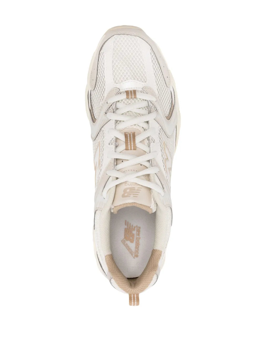 Cream white low-top sneakers, tongue and laces view, breathable mesh upper