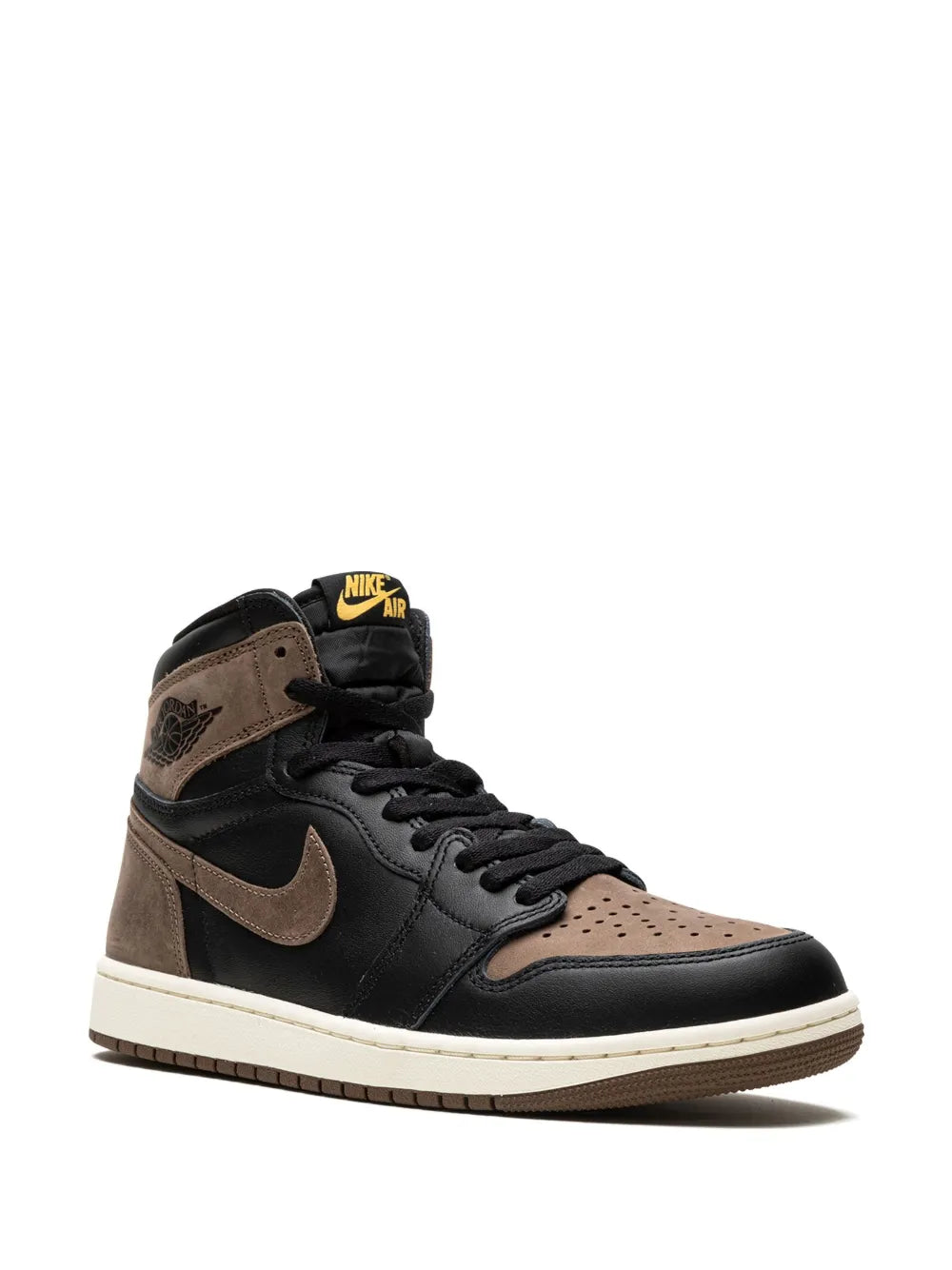 Black and brown high-top lace-up sneakers with tan suede overlays and cream midsole