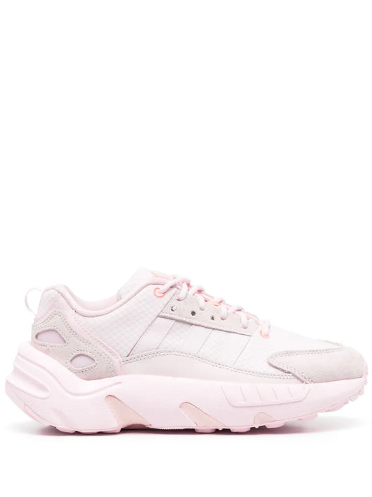 adidas chunky lace-up sneakers, light pink and white, thick cushioned sole