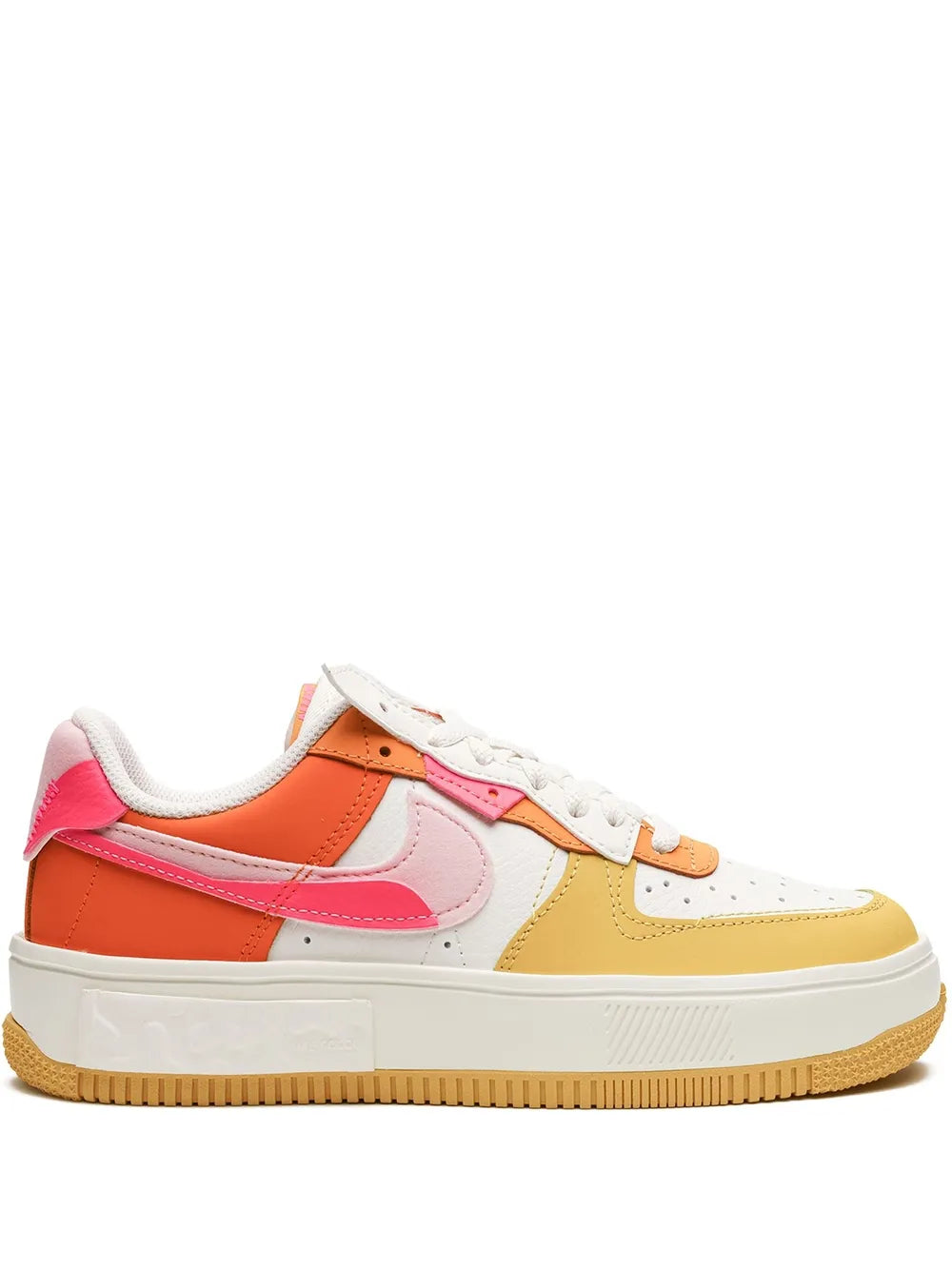 Color-block low-top sneaker with white leather, orange and pink swooshes, gum sole