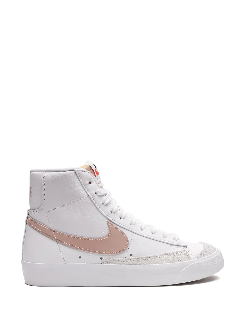 Nike mid-top sneakers, white leather with tan/pink swoosh and lace-up closure