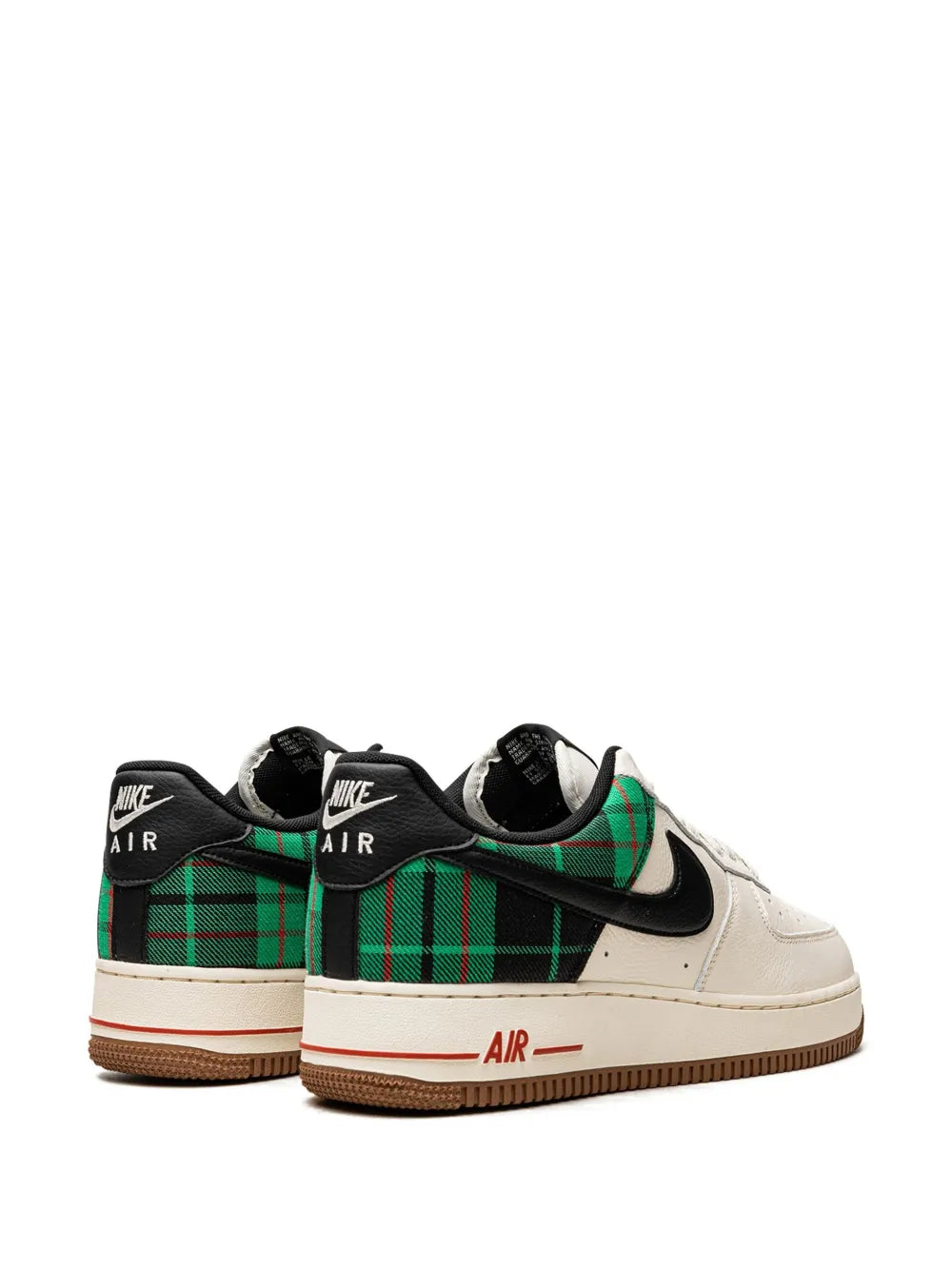 Nike Air Force 1 Low sneakers with white leather, green plaid panels, and black heel
