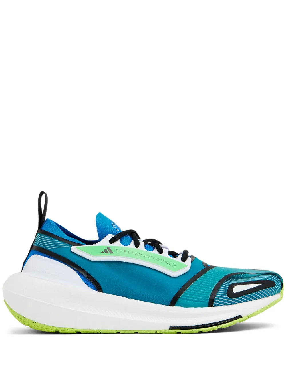 Blue adidas low-top running sneaker with black laces, white midsole, lime outsole