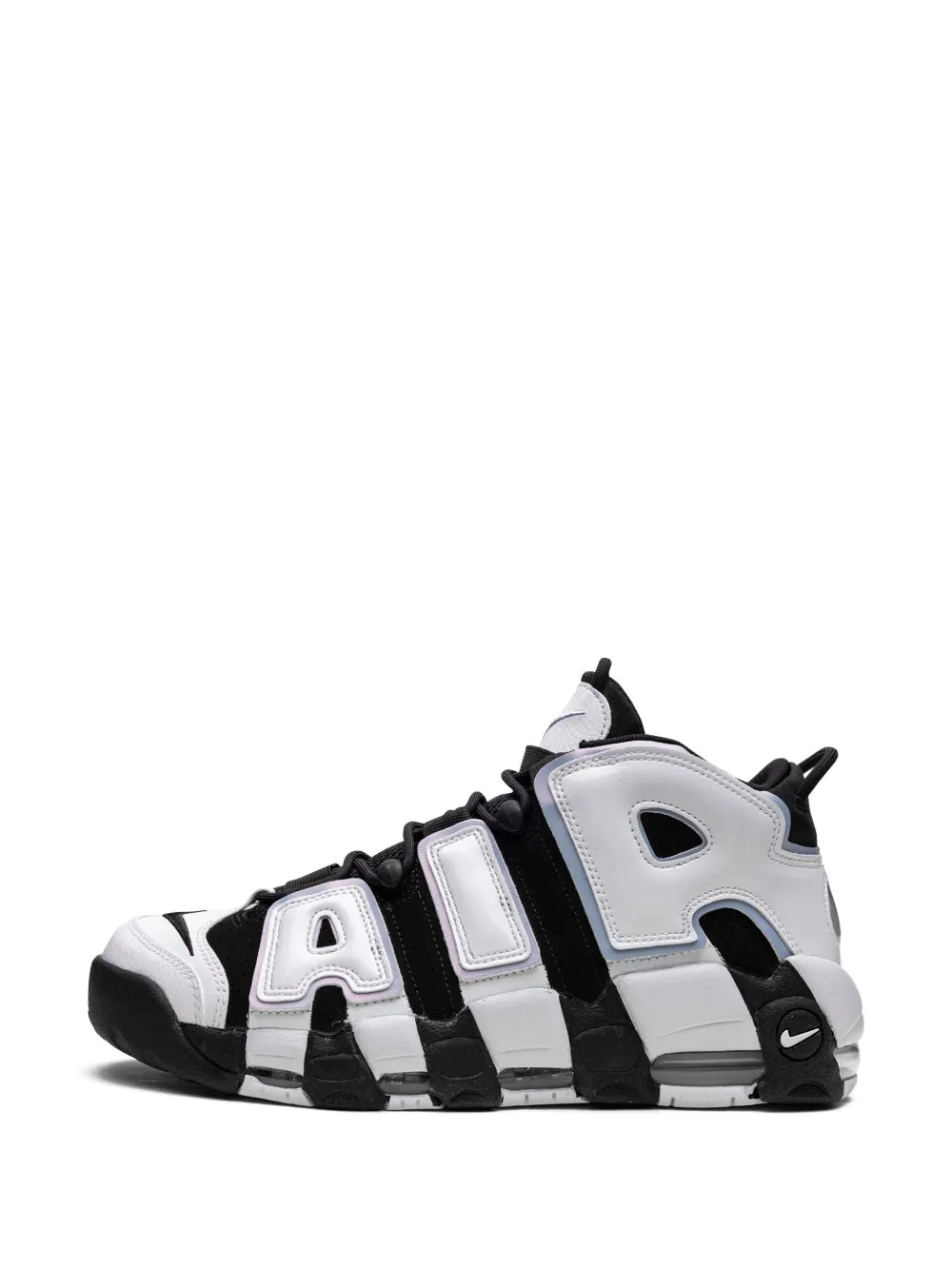 Black-and-white high-top sneakers side view with oversized 'AIR' lettering