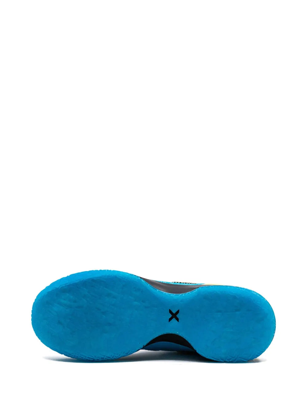 Blue rubber outsole with traction pattern and small X mark