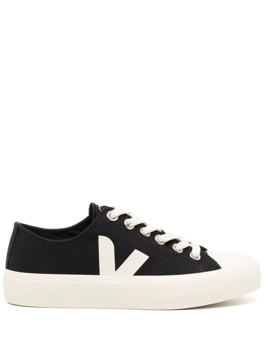 Black canvas low-top sneaker with white V logo and lace-up front