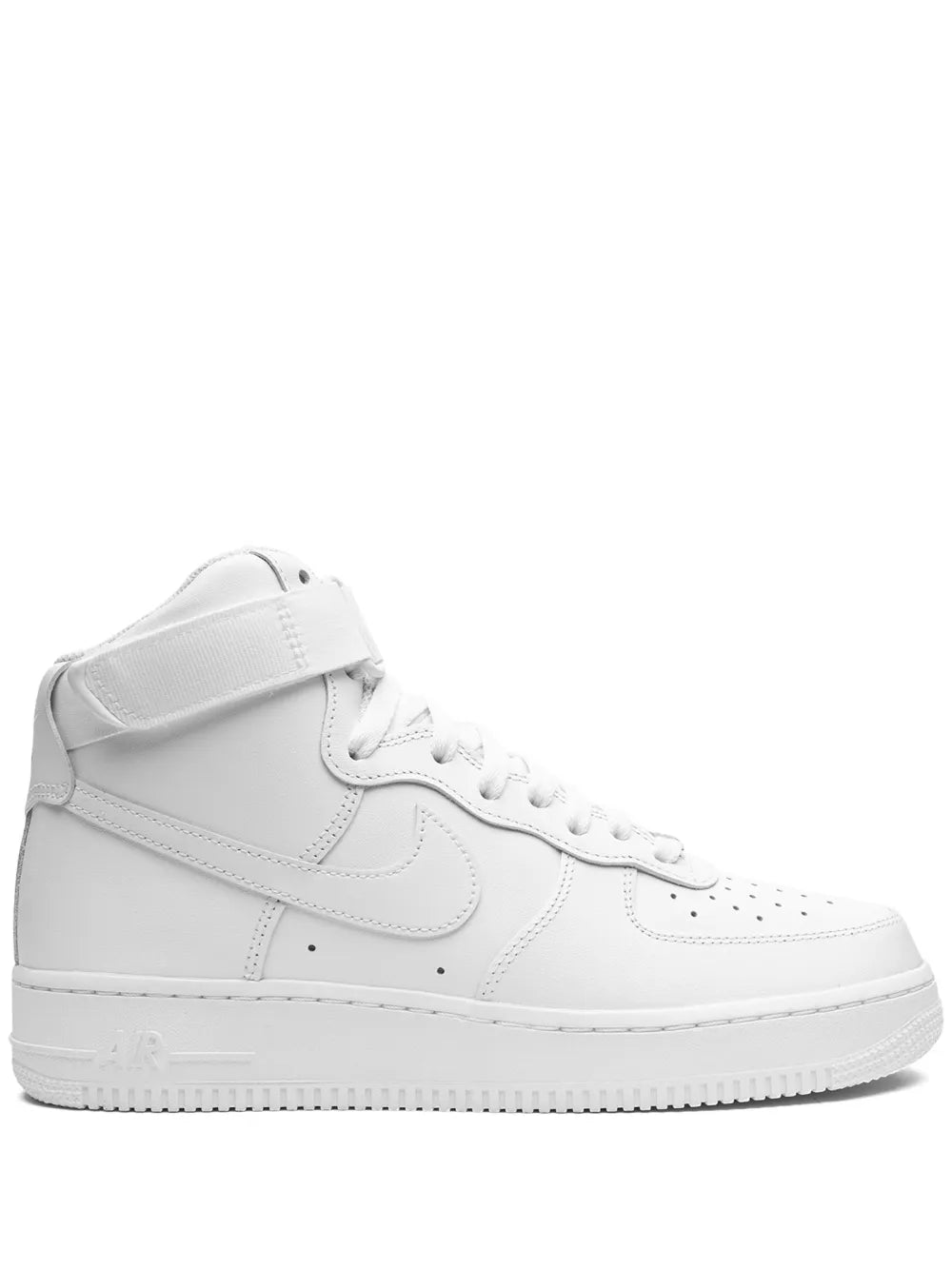 White high-top sneakers with Nike Swoosh, lace-up front, padded collar, perforated toe