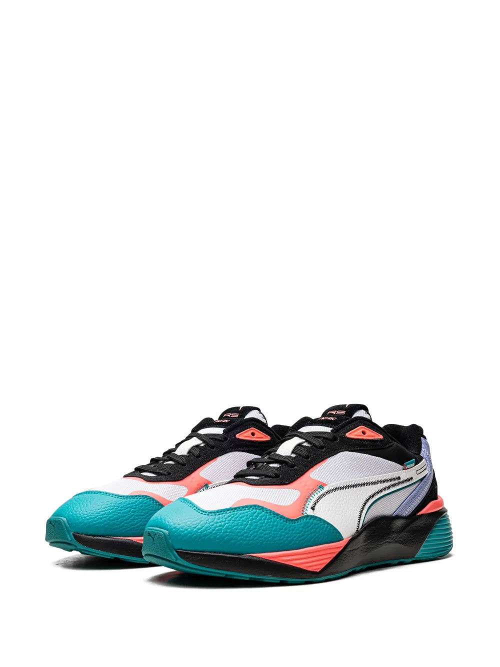 Low-top sneaker front view in white, teal, coral and black with lace-up closure