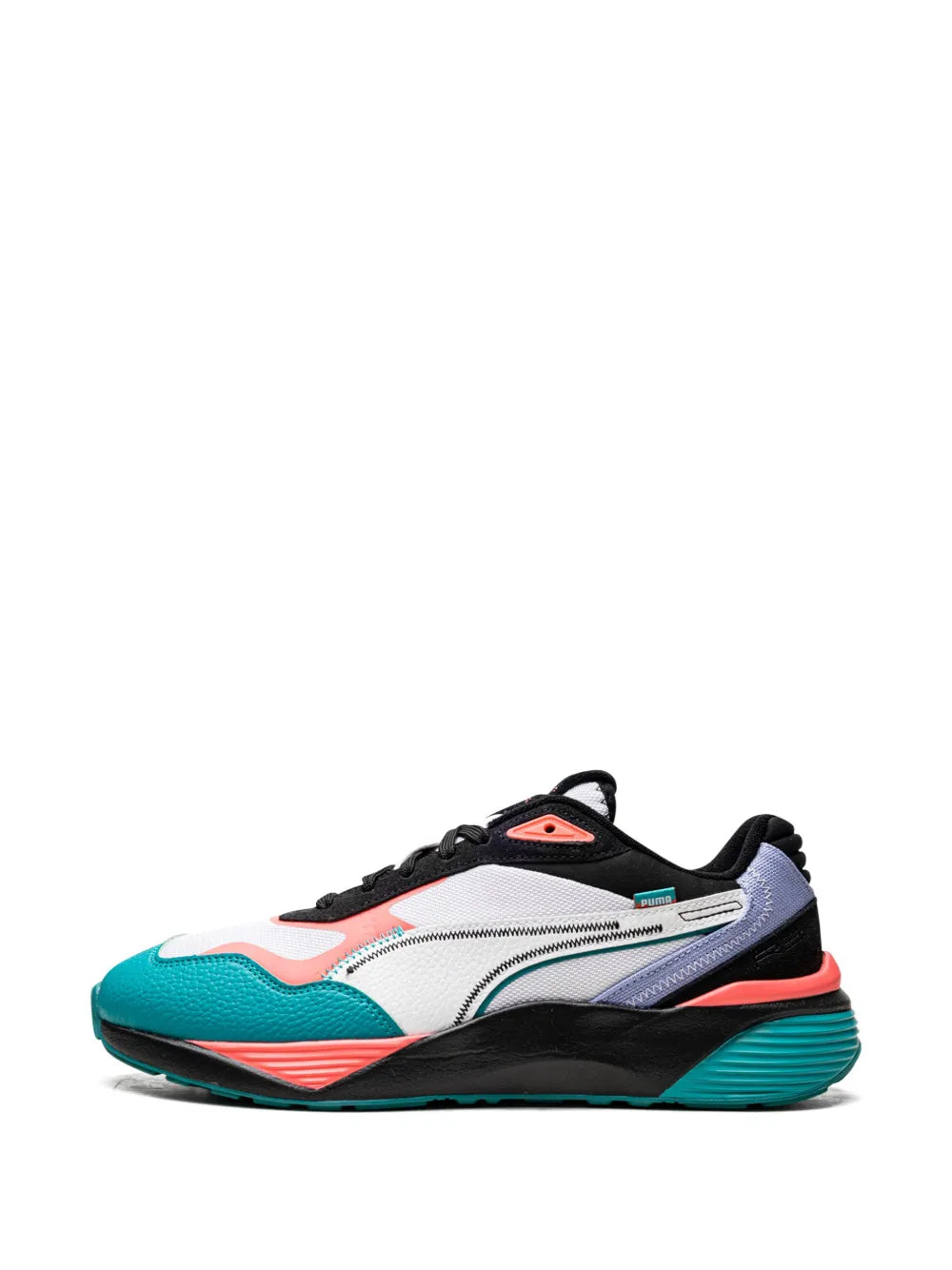 Low-top sneaker side profile with white upper, teal toe, coral trim and black laces