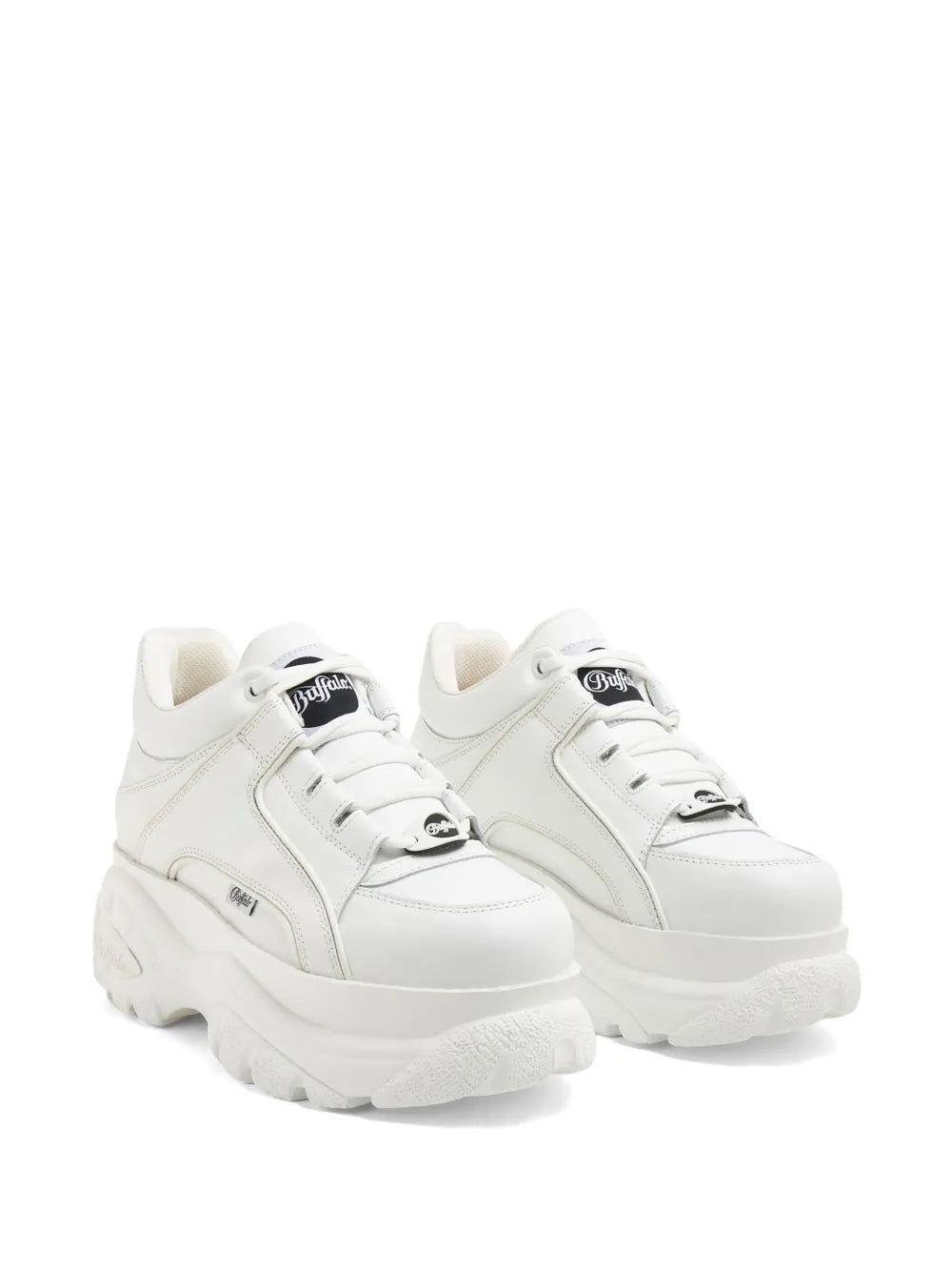 Pair of white lace-up chunky-sole sneakers shown from side angle